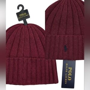 Ralph Lauren Rib-Knit Beanie in Burgundy with Navy Pony